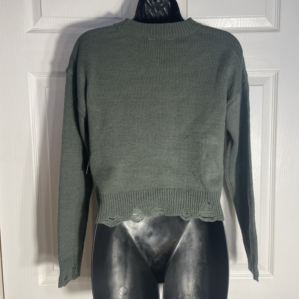 No Boundaries Distressed Cropped Sweater Women S Green Mushroom Graphic Grunge - Picture 3 of 11